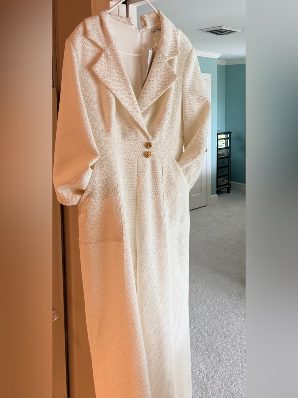Elegant Cream Long Sleeve Textured Wool blend jumpsuit with Gold Buttons